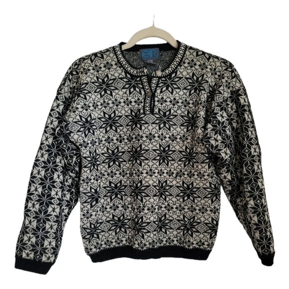 Vintage eir Sweater Womens S Small Black White Wool Fair Isle Henley Long Sleeve - Picture 1 of 5